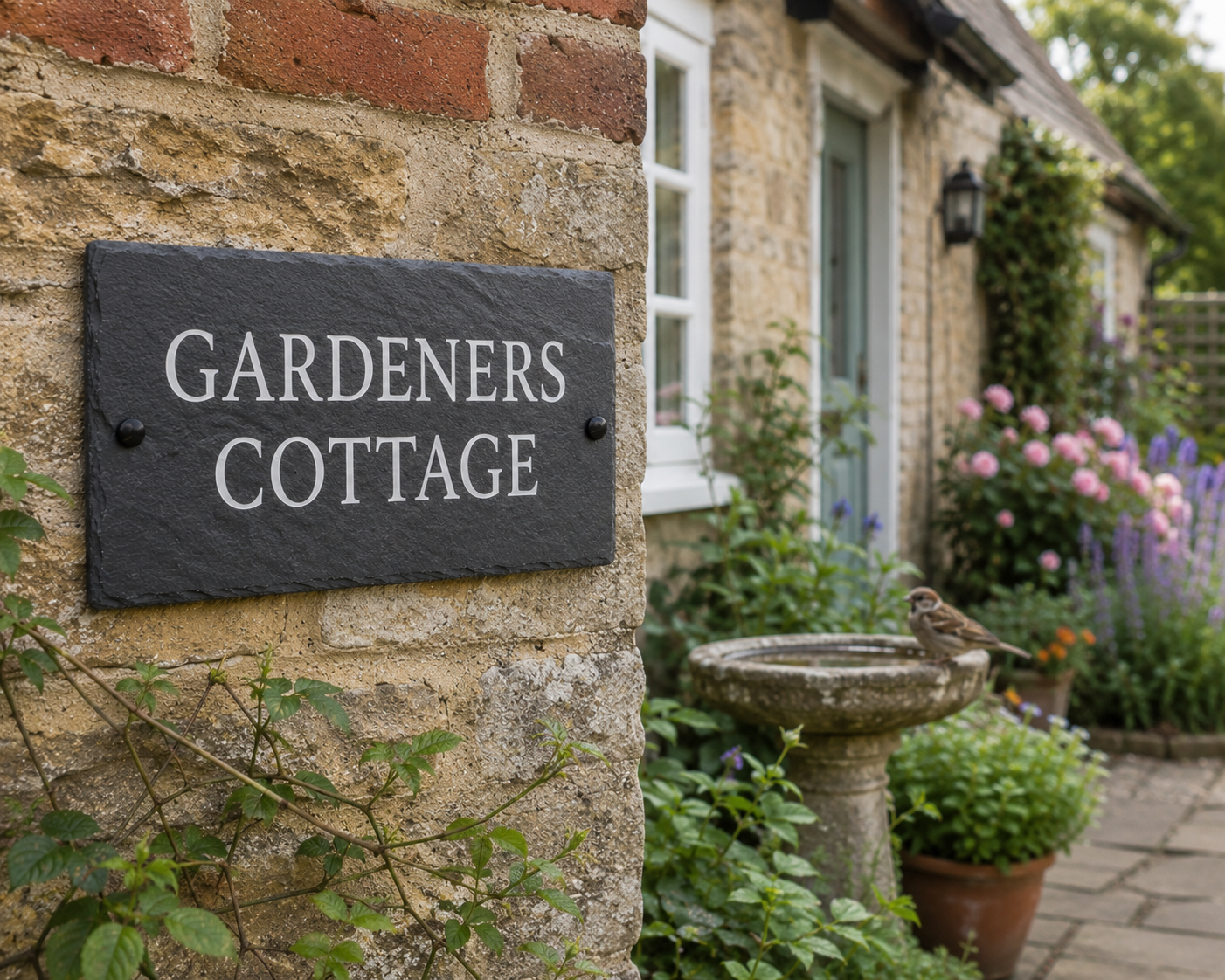 A rectangular dark slate house sign reading 'GARDENERS COTTAGE' in white lettering, mounted on a stone wall beside a garden path, bird bath, and flowering plants.