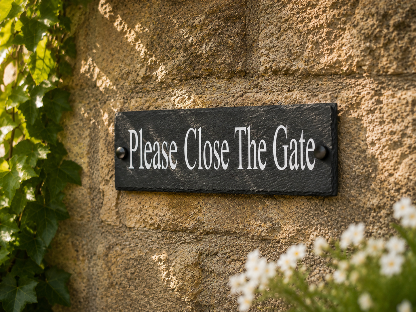 A rectangular black slate sign with white lettering that reads 'Please Close The Gate,' mounted on a textured stone wall with green ivy and small white flowers in the foreground.