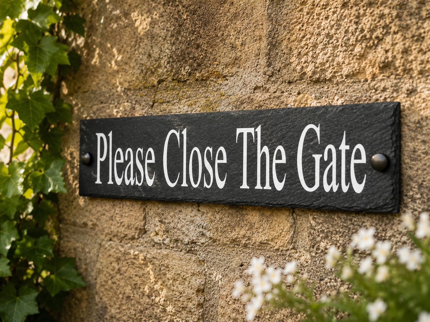 A rectangular black slate sign with white lettering that reads 'Please Close The Gate,' mounted on a textured stone wall with green ivy and small white flowers visible around it.