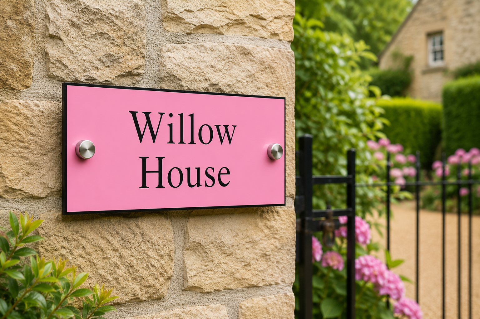 A rectangular pink house sign with black lettering reading 'Willow House' mounted on a beige stone wall, with greenery and a garden path in the background.