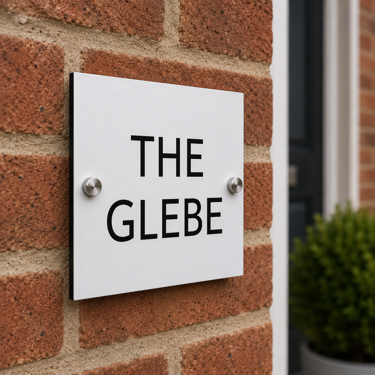 A square white metal house sign with black text reading 'THE GLEBE' mounted on a red brick wall with two silver screws, next to a dark door and green shrub.
