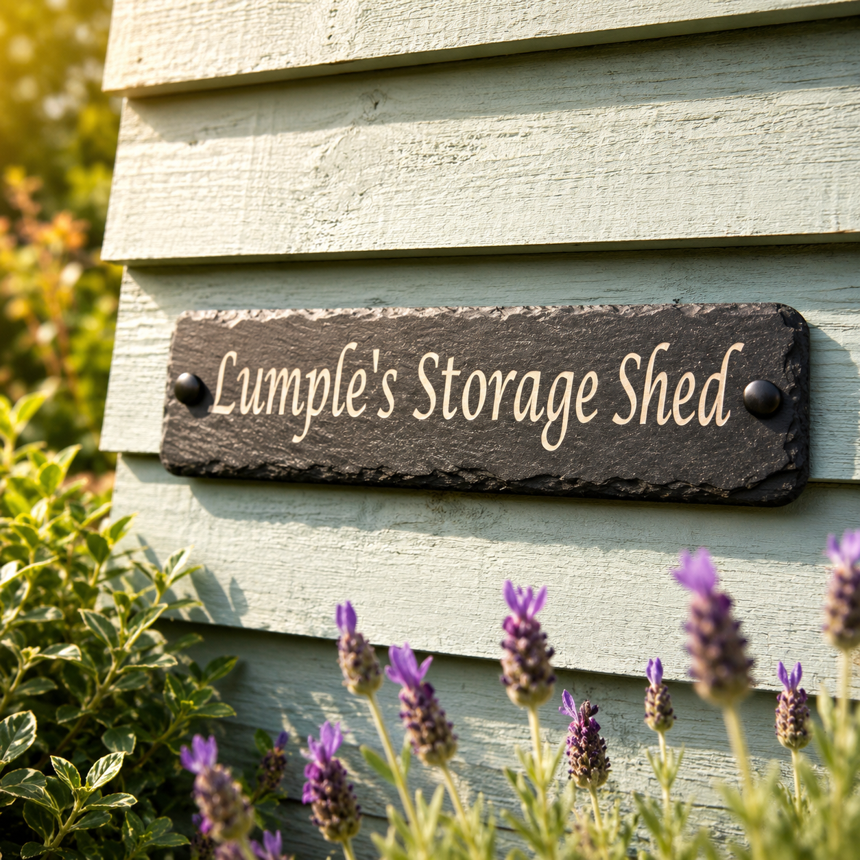 A rectangular dark slate sign reading 'Lumple's Storage Shed' in white script, mounted on a light green wooden shed wall with purple flowers in the foreground.