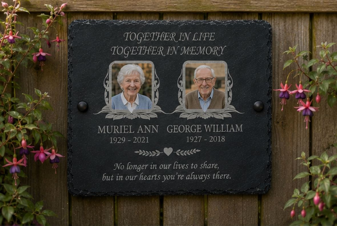 Personalised two photo memorial plaque and natural slate grave marker with two colour photographs, laser etched names, dates and remembrance wording