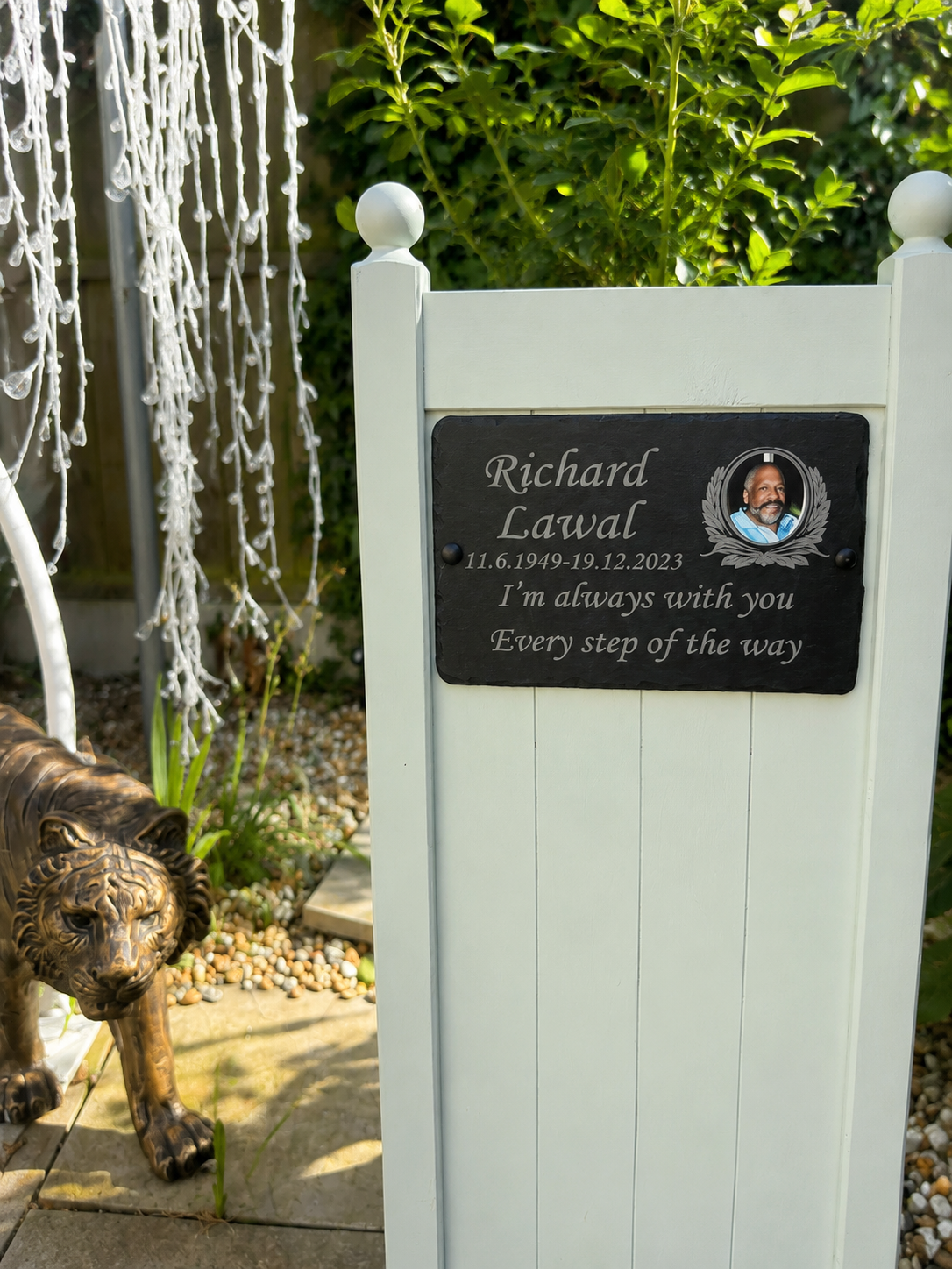 Personalised photo memorial plaque and natural slate grave marker with colour photograph, laser etched name, dates and remembrance message