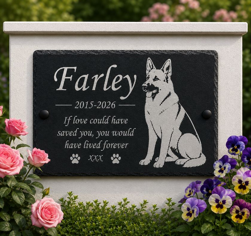 Memorial plaque for a dog named Farley with floral surroundings