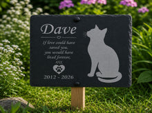 Memorial plaque for a cat named Dave with a silhouette of a cat, text, and a heart on a grassy background.