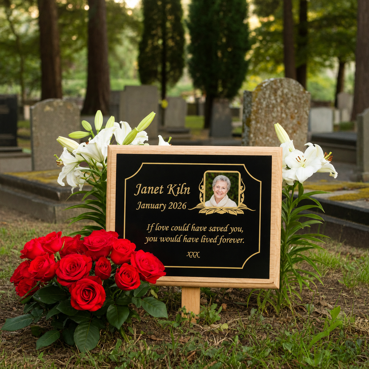 A personalized wooden grave marker plaque with a photo of a woman and the name Janet Kiln, placed outdoors in a cemetery with red roses and white lilies around it.