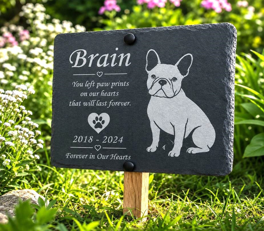 Personalized dark gray slate pet memorial garden marker with engraved text and a French bulldog illustration, mounted on a wooden stake in a grassy garden.