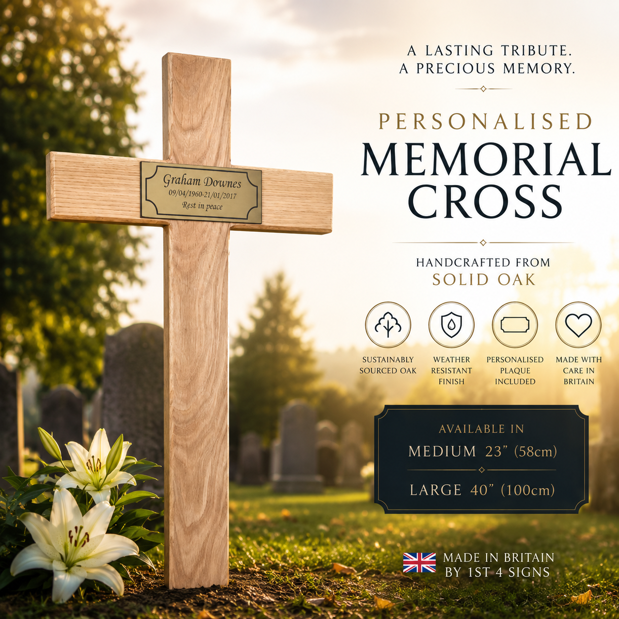 Personalised oak wooden memorial cross with photo memorial plaque displayed in a peaceful garden setting.