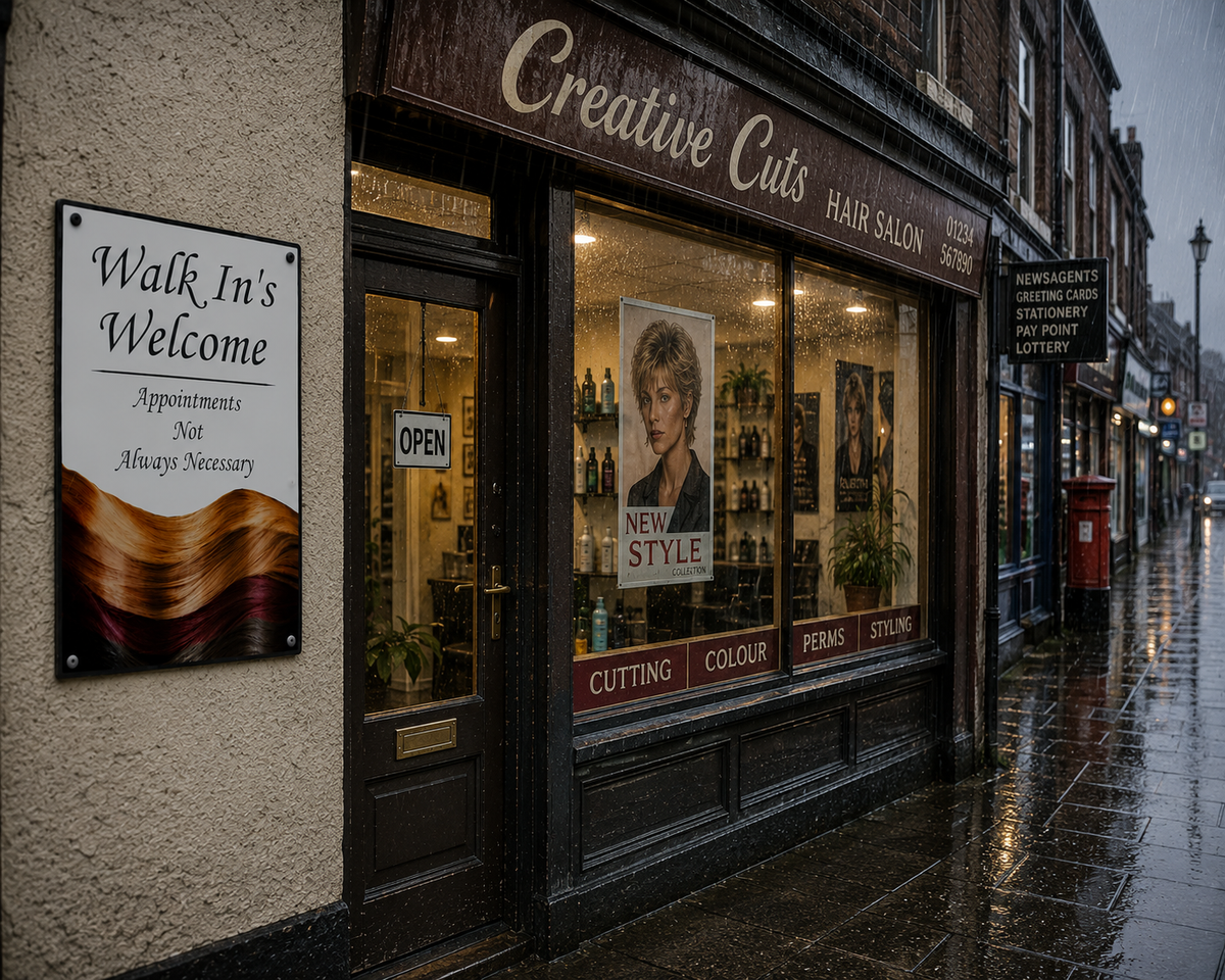 Walk In's Welcome hair salon sign with colourful hair design and appointment message