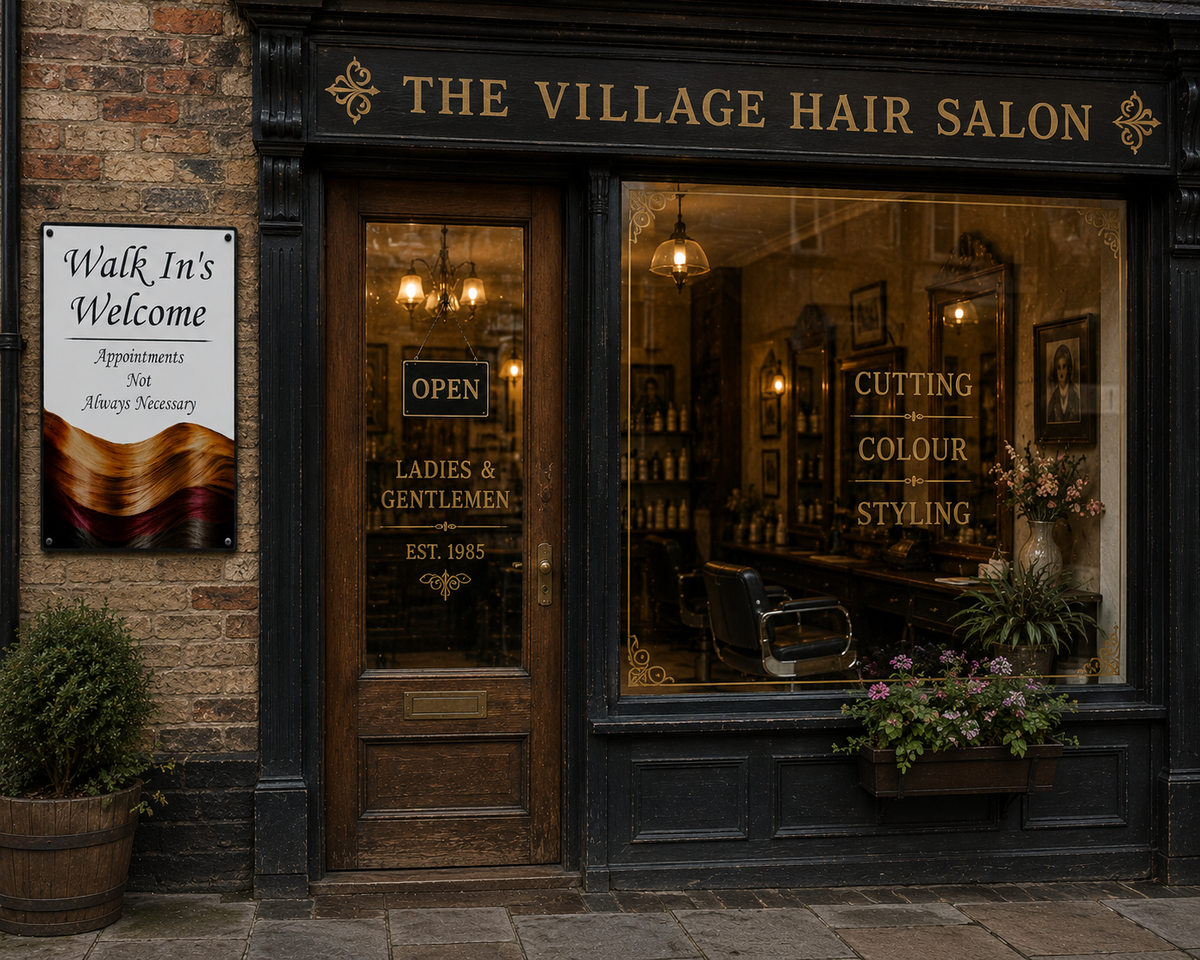 Walk In's Welcome hair salon sign with colourful hair design and appointment message