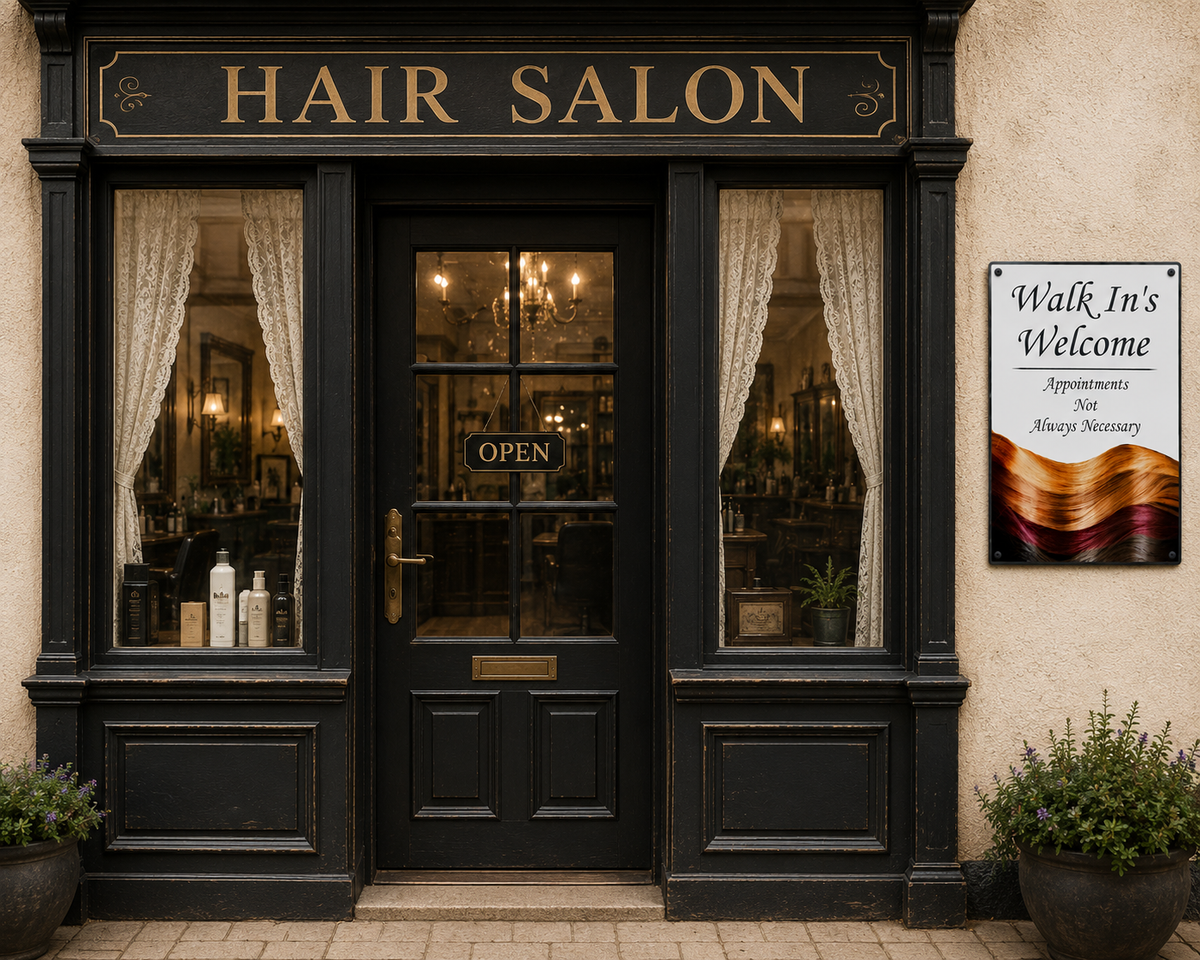 Walk In's Welcome hair salon sign with colourful hair design and appointment message