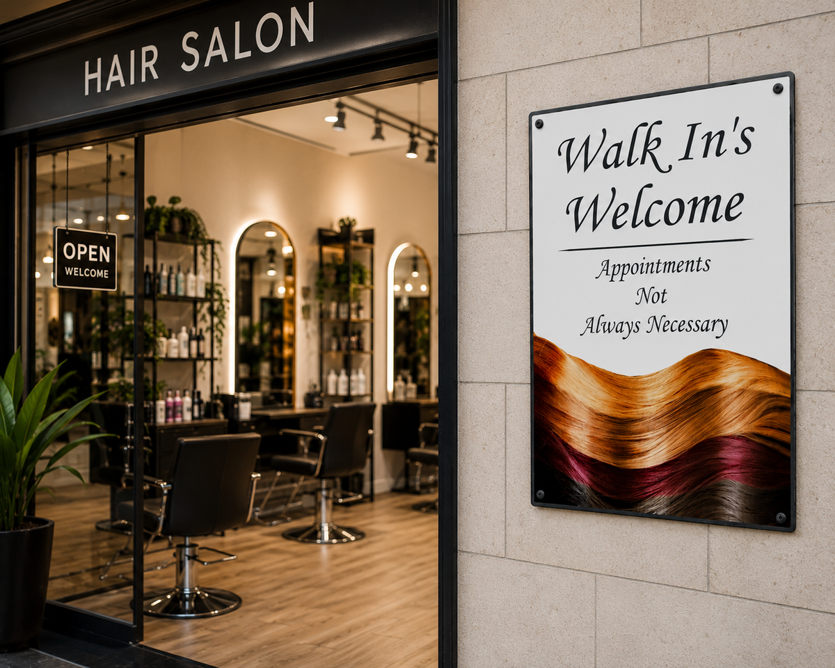 Walk In's Welcome hair salon sign with colourful hair design and appointment message