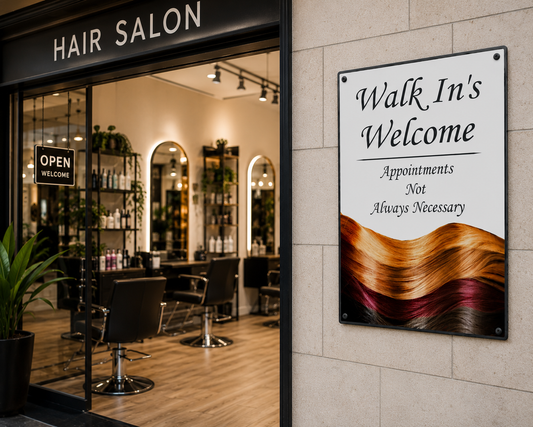 Walk In's Welcome hair salon sign with colourful hair design and appointment message