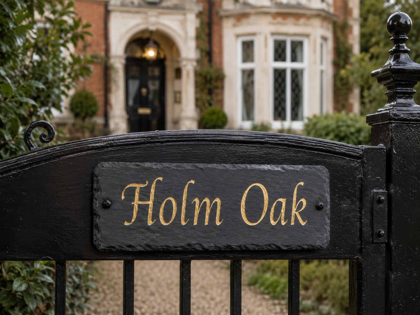 A close-up of a black metal gate with a rectangular sign reading 'Holm Oak' in gold lettering, set against a blurred background of a brick house and greenery.