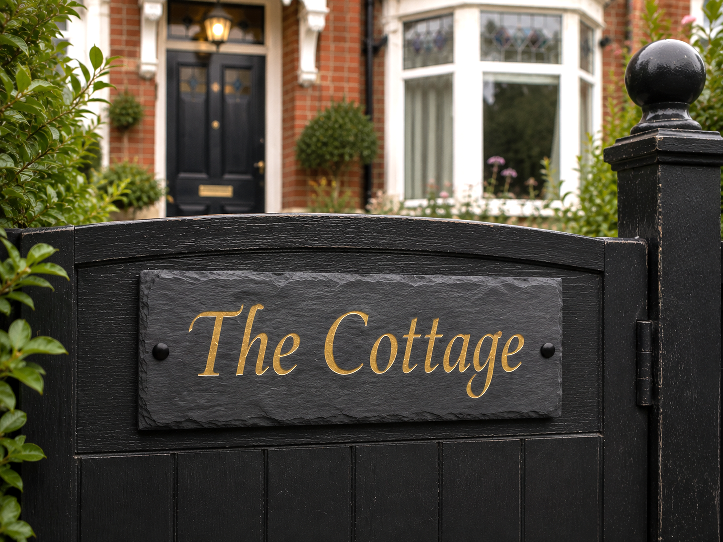 A black wooden gate with a rectangular slate plaque engraved with the words 'The Cottage' in gold lettering. The background shows a brick house with a black front door and white window trim, framed by green foliage.