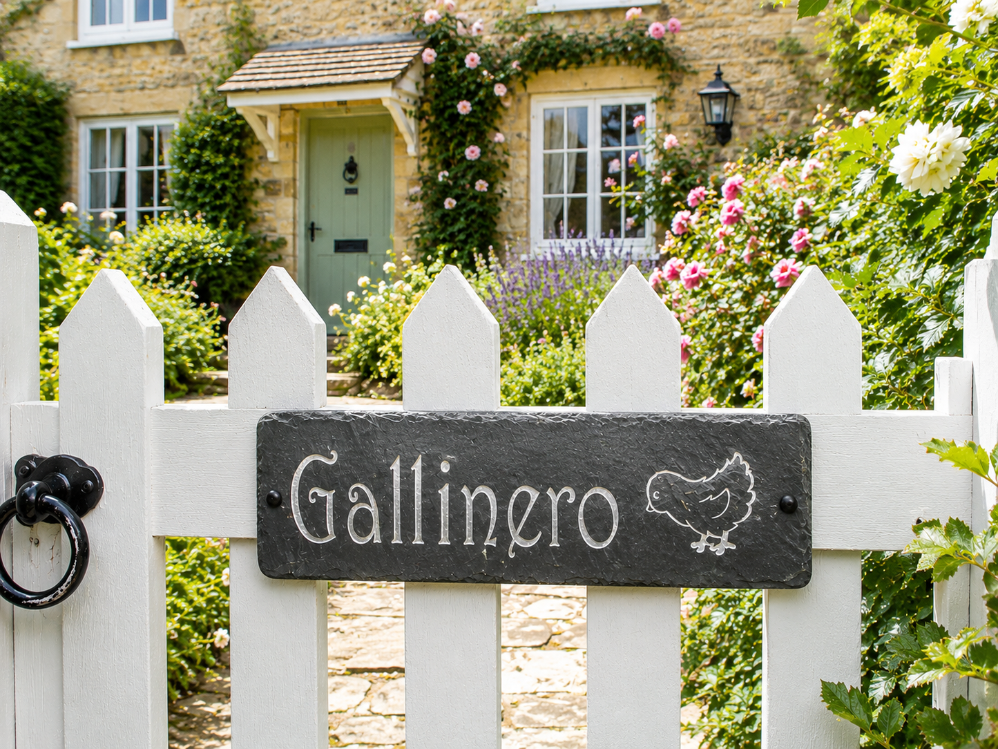 A black slate sign reading 'Gallinero' with a white chicken silhouette, mounted on a white picket fence in front of a stone house with a garden.