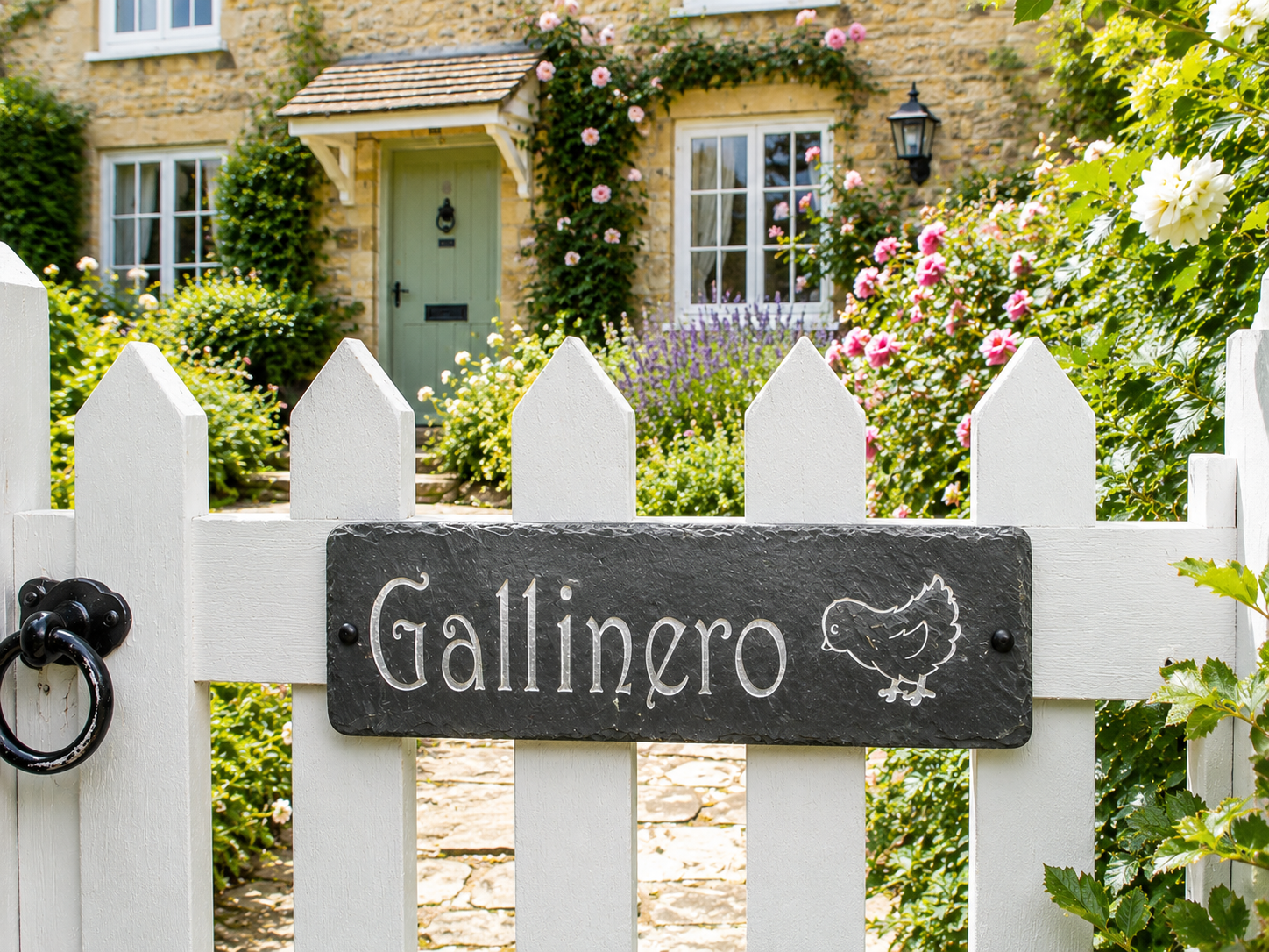 A black slate sign reading 'Gallinero' with a white chicken silhouette, mounted on a white picket fence in front of a stone house with a garden.