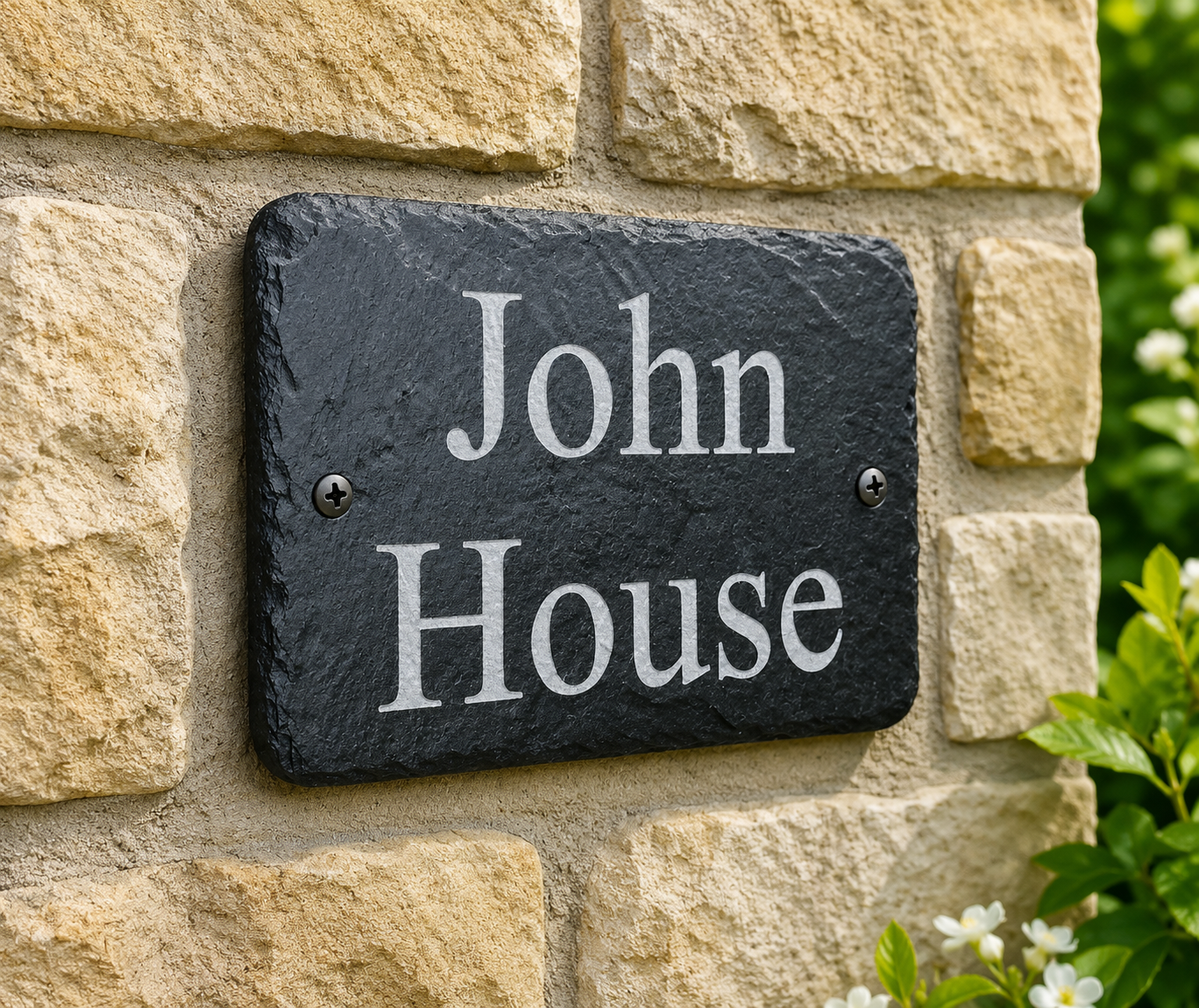 A rectangular black slate house plaque with white lettering reading 'John House', mounted on a beige stone wall with green foliage visible on the right side.