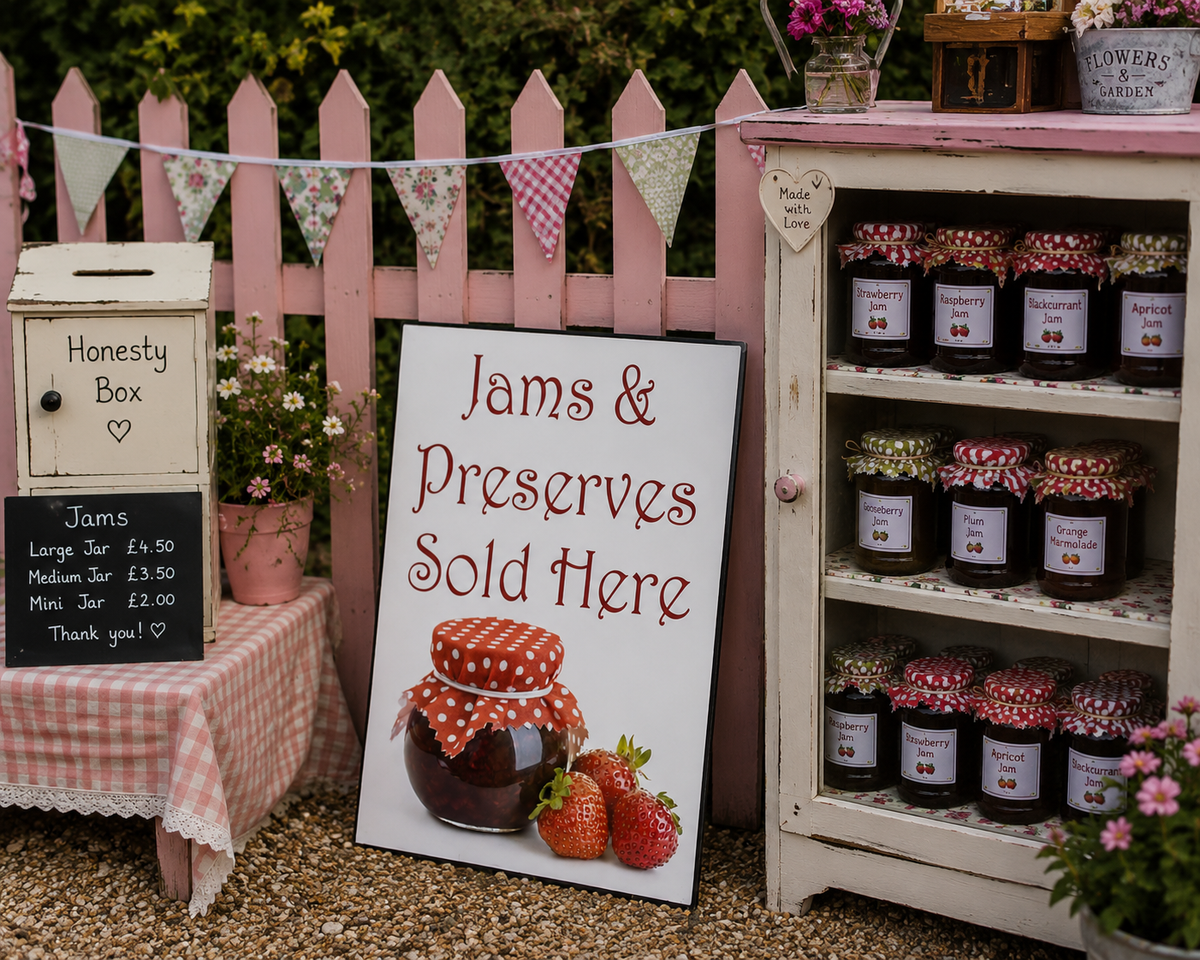 A rustic outdoor display for a jam and preserves shop, featuring multiple glass jars of dark red jam on a white cabinet, a pink picket fence, a sign reading 'Jams & Preserves Sold Here,' a small honesty box, and a price chalkboard.