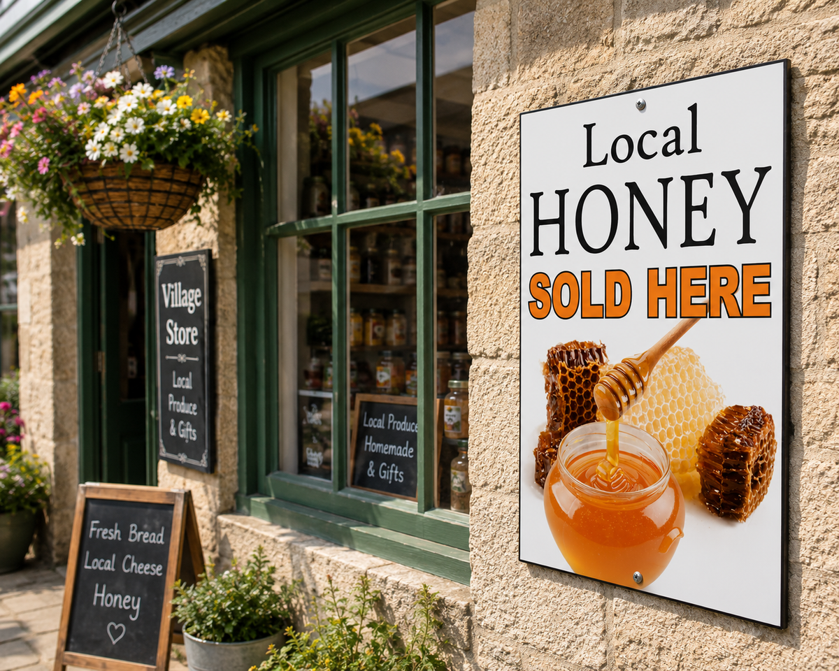 A storefront scene with a large white sign on a stone wall reading 'Local HONEY SOLD HERE' with an image of honeycomb, a honey pot, and dripping honey. A hanging flower basket, window display, and small chalkboard signs for bread, cheese, and honey are visible.