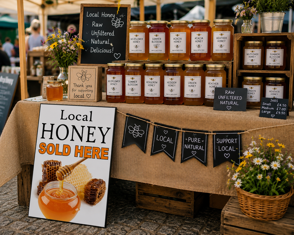 Local Honey Sold Here Sign with honey jar, honeycomb and honey dipper