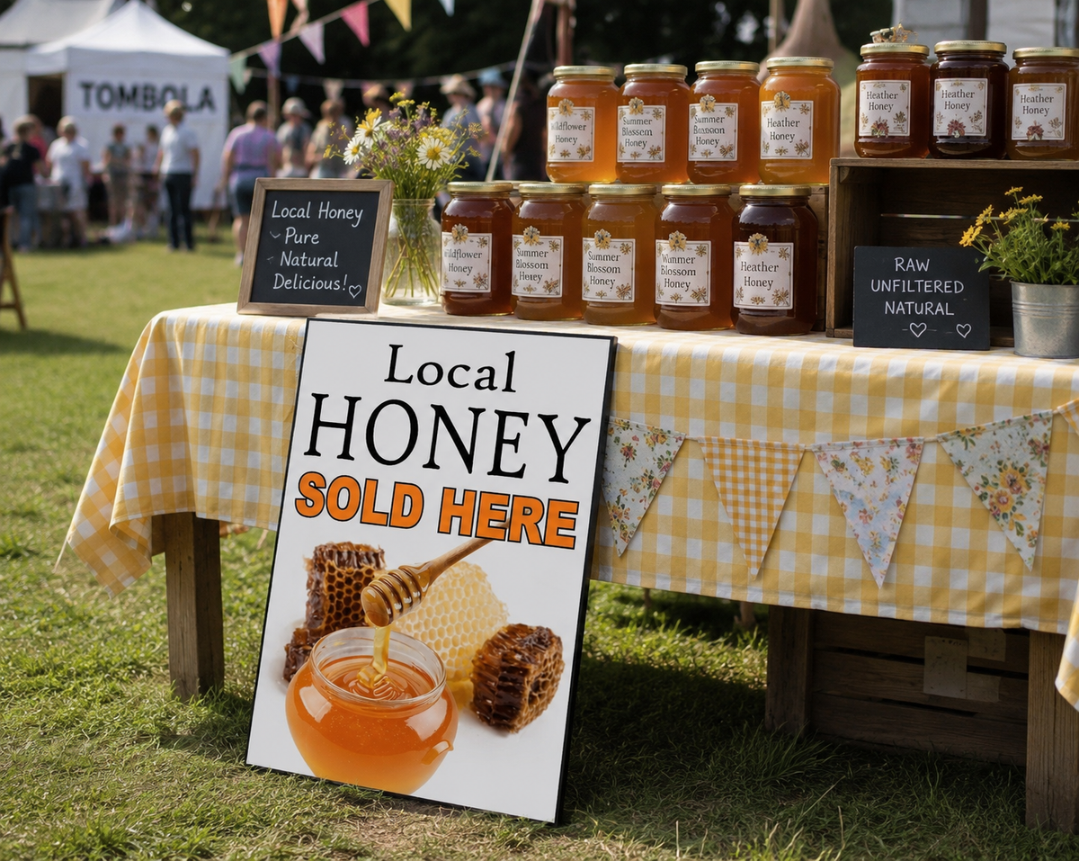 A rustic outdoor market display of local honey on a yellow-and-white checkered tablecloth, with multiple glass jars of honey, small signs reading 'Local Honey Pure Natural Delicious,' and a large sign in front that says 'Local Honey Sold Here' with an image of honey dripping into a jar. People and tents are blurred in the background on the grass.