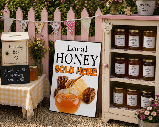 A styled honey display scene with multiple glass jars of honey on a pink cabinet, a wooden 'Honesty Box', a sign reading 'Local HONEY SOLD HERE', and a table with a yellow-and-white checkered cloth and flowers, all set outdoors in front of a pink picket fence.