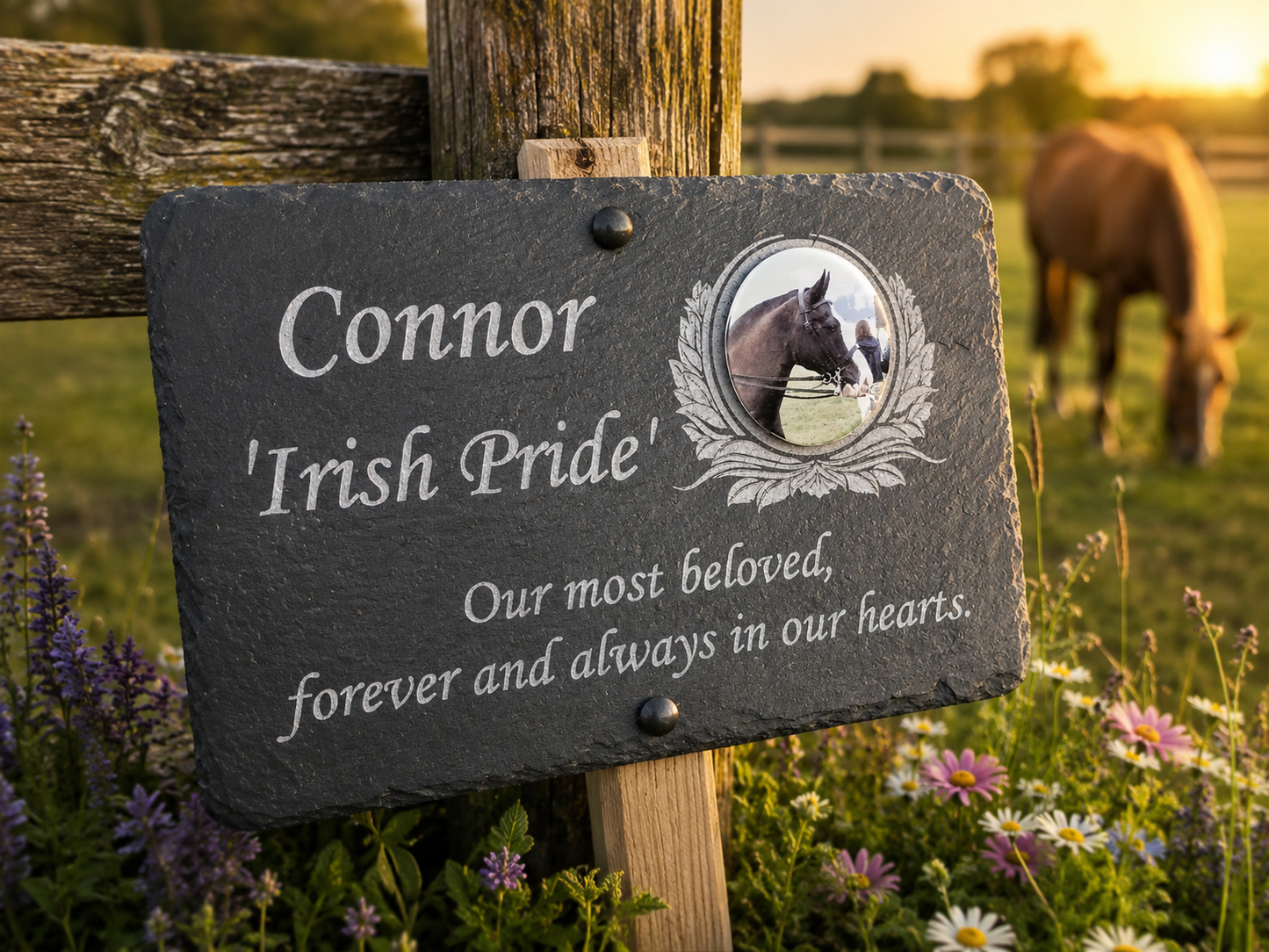Personalized dark slate memorial garden sign with engraved white text reading 'Connor Irish Pride' and a photo of a horse, mounted on a wooden post in a grassy field with flowers and a horse blurred in the background.