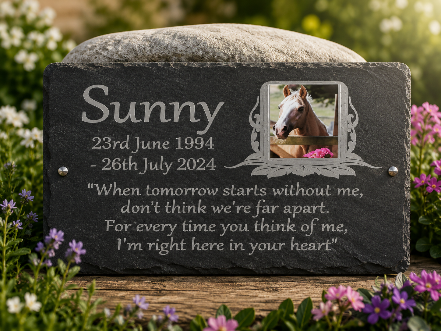 Personalized black slate memorial garden plaque engraved with the name 'Sunny', birth and death dates, a horse photo, and a remembrance quote, displayed outdoors on a wooden surface with flowers and greenery around it.