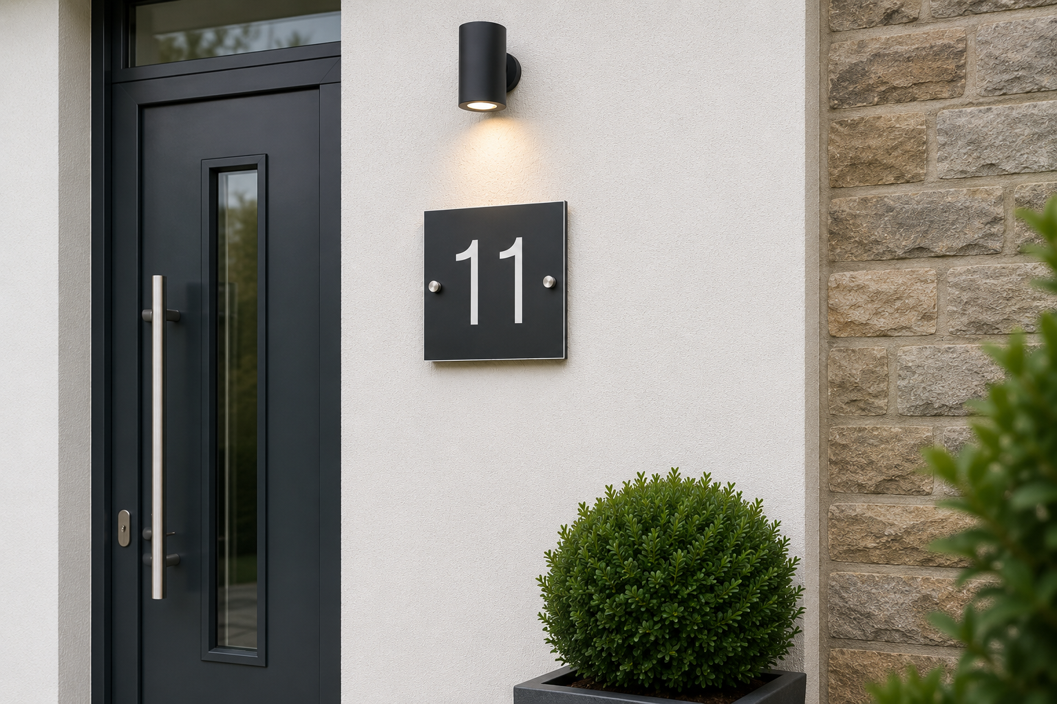 Modern black square house number plaque displaying '11' in white, mounted on a light gray stucco exterior wall next to a black front door and a potted green shrub.