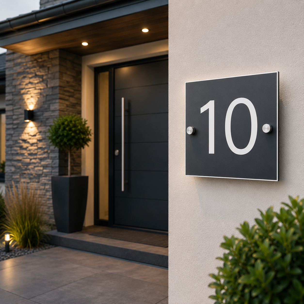 Modern black house number sign with white numerals mounted on a beige stucco wall next to a contemporary home entrance.