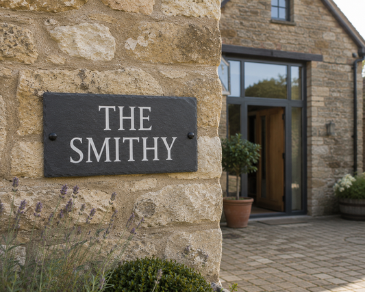 A dark slate sign reading 'THE SMITHY' mounted on a rustic stone wall beside a modern stone building entrance with glass doors and potted plants.