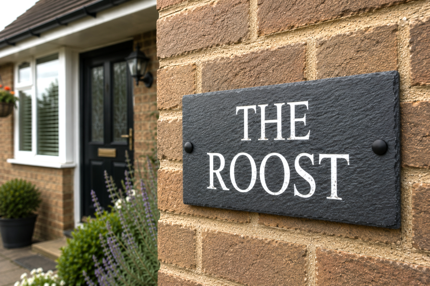 A rectangular black slate house sign with white serif text reading 'THE ROOST' mounted on a tan brick wall beside a house entrance.