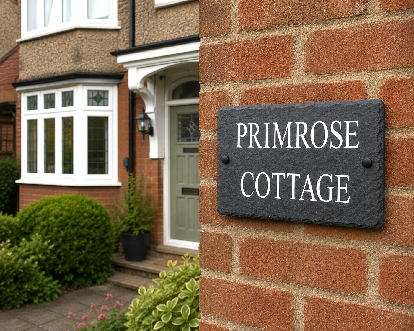 A dark slate house number plaque reading 'PRIMROSE COTTAGE' mounted on a red brick wall next to a front door and garden.