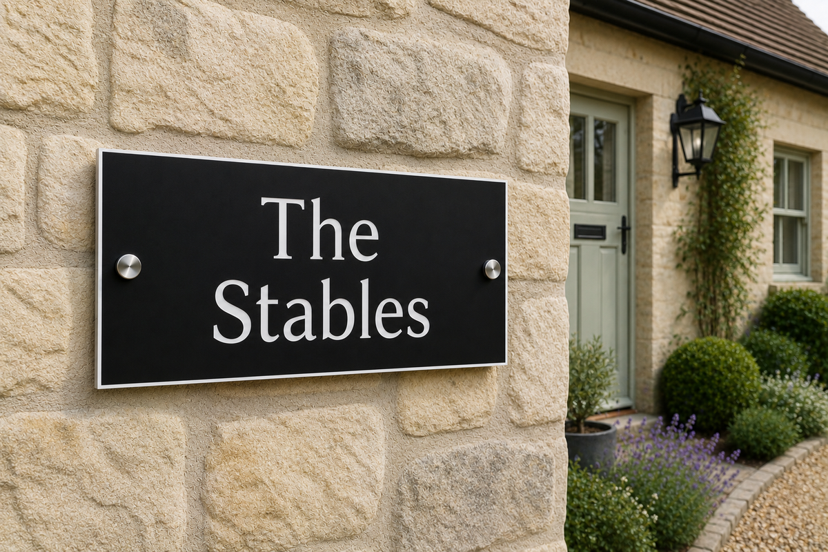 A rectangular black house sign with silver metal screws and white serif text reading 'The Stables,' mounted on a beige stone wall beside a cottage entrance with a green door and garden plants.