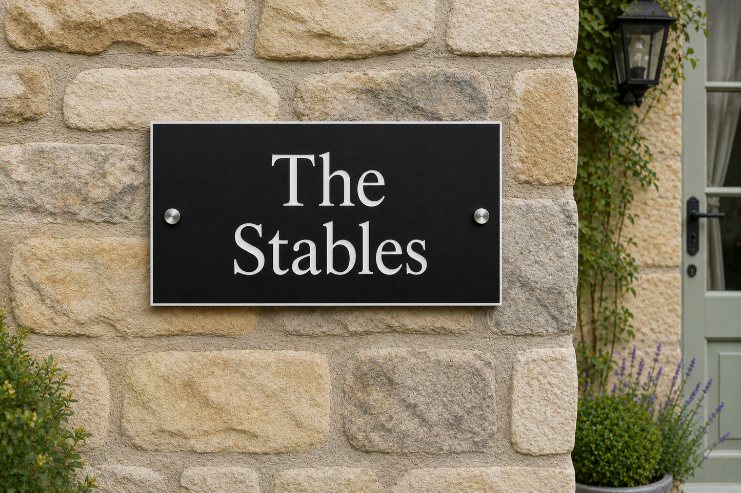 A rectangular black house sign with silver metal screws and white serif text reading 'The Stables,' mounted on a beige stone wall next to a green door and plants.