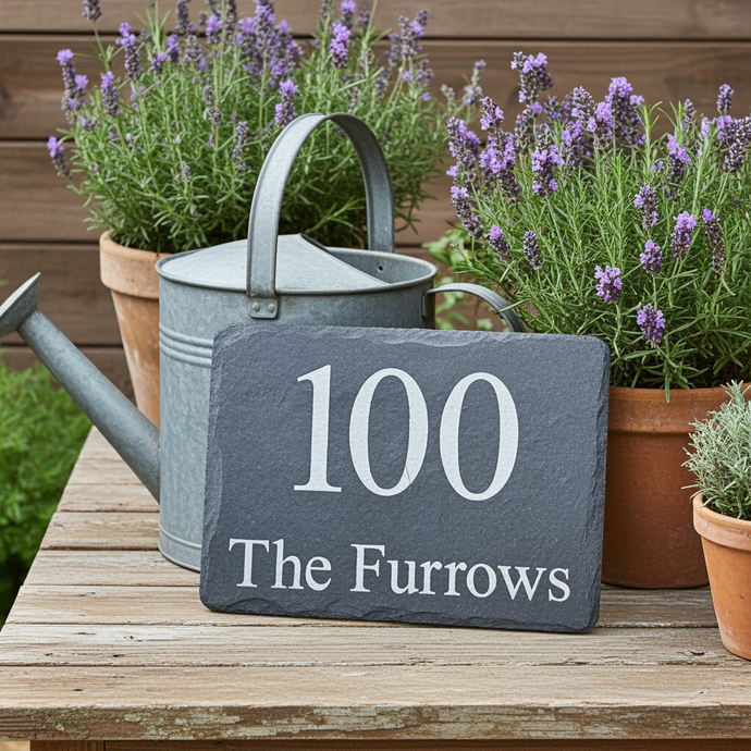 Slate house sign with '100 The Furrows' on a wooden table with potted plants and a watering can.