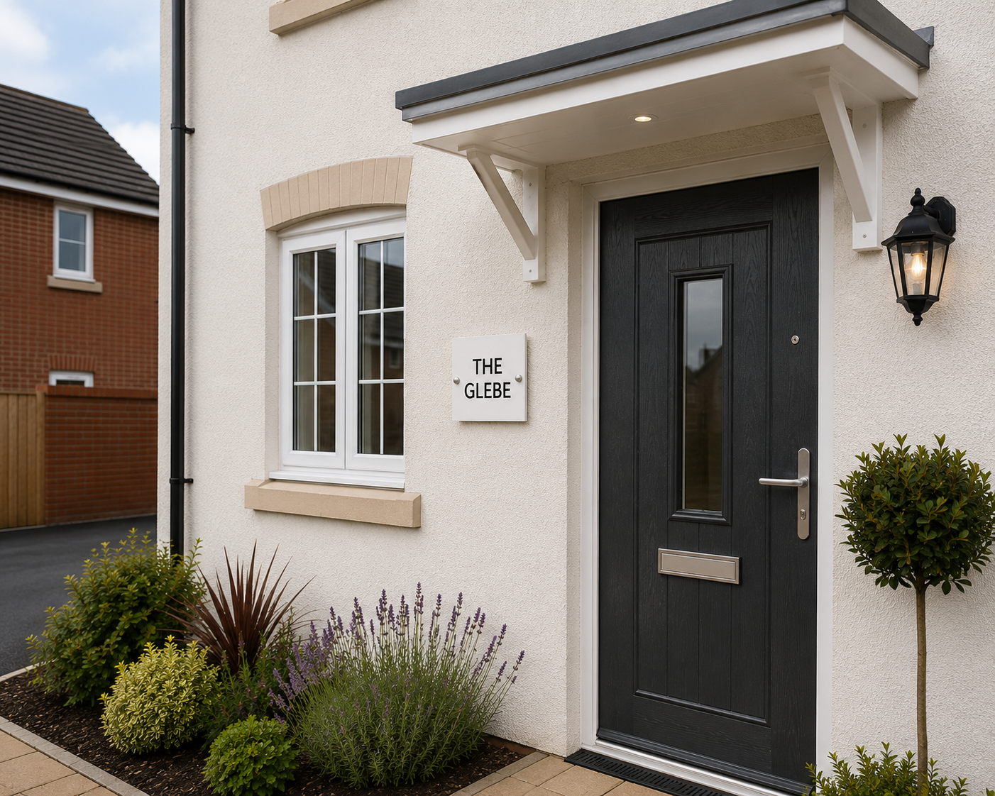A modern black front door with a glass window panel, silver handle, and letterbox, set in a cream-colored stucco house. A white sign on the wall reads 'THE GLEBE', and the entrance is landscaped with shrubs and a small tree under a white overhang.