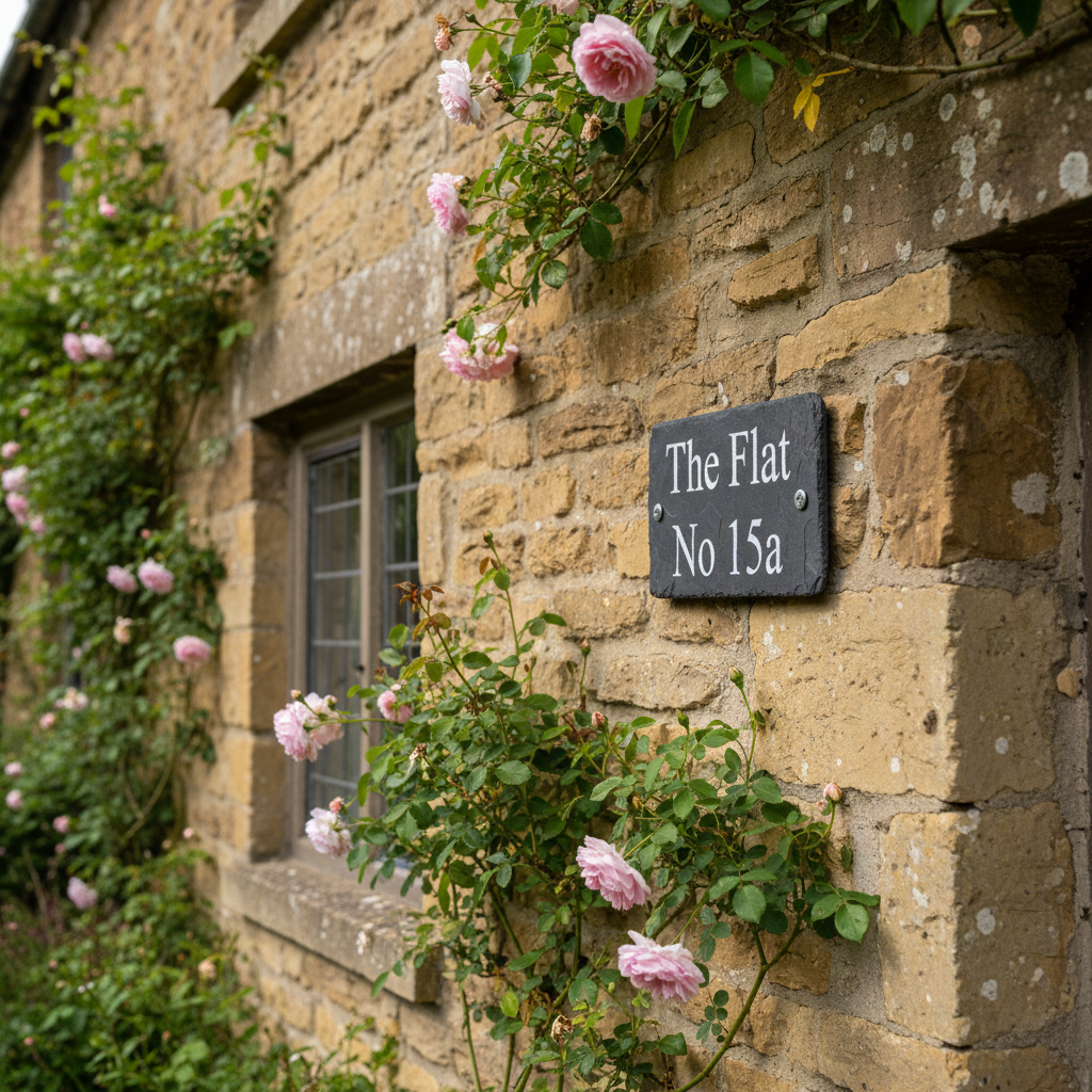 A stone wall exterior with pink roses climbing up the surface, a window, and a black house number sign reading 'The Flat No 15a'.