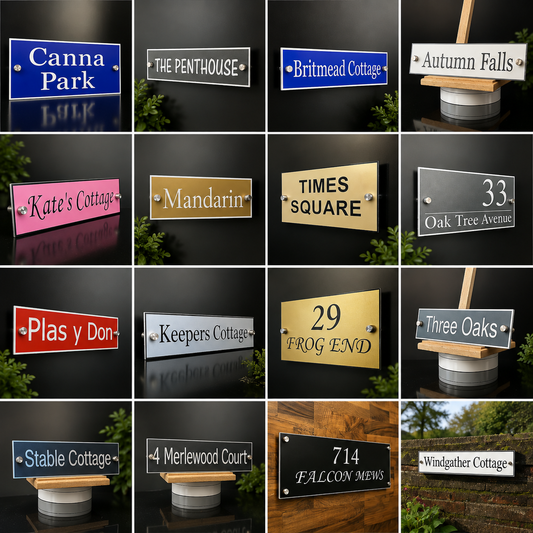 A 4x4 collage showing 16 different house number and street name signs mounted on easels against dark wood and wall backgrounds. The signs feature various colors including blue, pink, gold, silver, and black, with custom text examples like 'Canna Park', 'The Penthouse', 'Britmead Cottage', and 'Autumn Falls'.