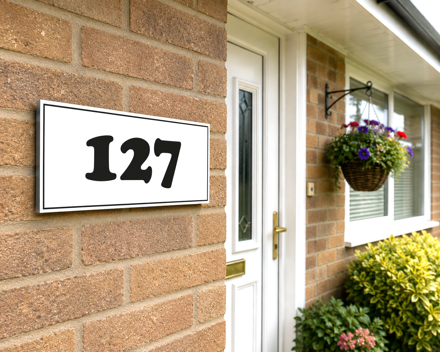 A rectangular white house number sign with black numerals '127' mounted on a tan brick wall next to a white front door.