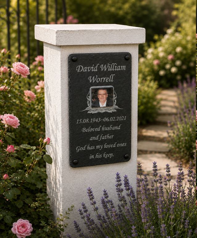 A personalized garden memorial stone set in a lush rose garden. The light gray stone pillar features a black plaque engraved with the name 'David William Worrell', a photo of the deceased, and remembrance text.