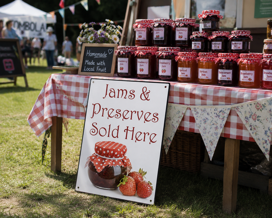 A market stall outdoors displaying jars of fruit preserves and jams on a table with a red-and-white gingham cloth, alongside a sign that reads 'Jams & Preserves Sold Here'.