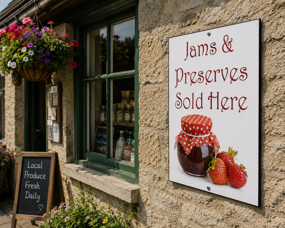 A white rectangular sign on a stone wall reads 'Jams & Preserves Sold Here' in red script, with a photo of a jar of jam and strawberries. A small chalkboard sign near a green window says 'Local Produce Fresh Daily'.