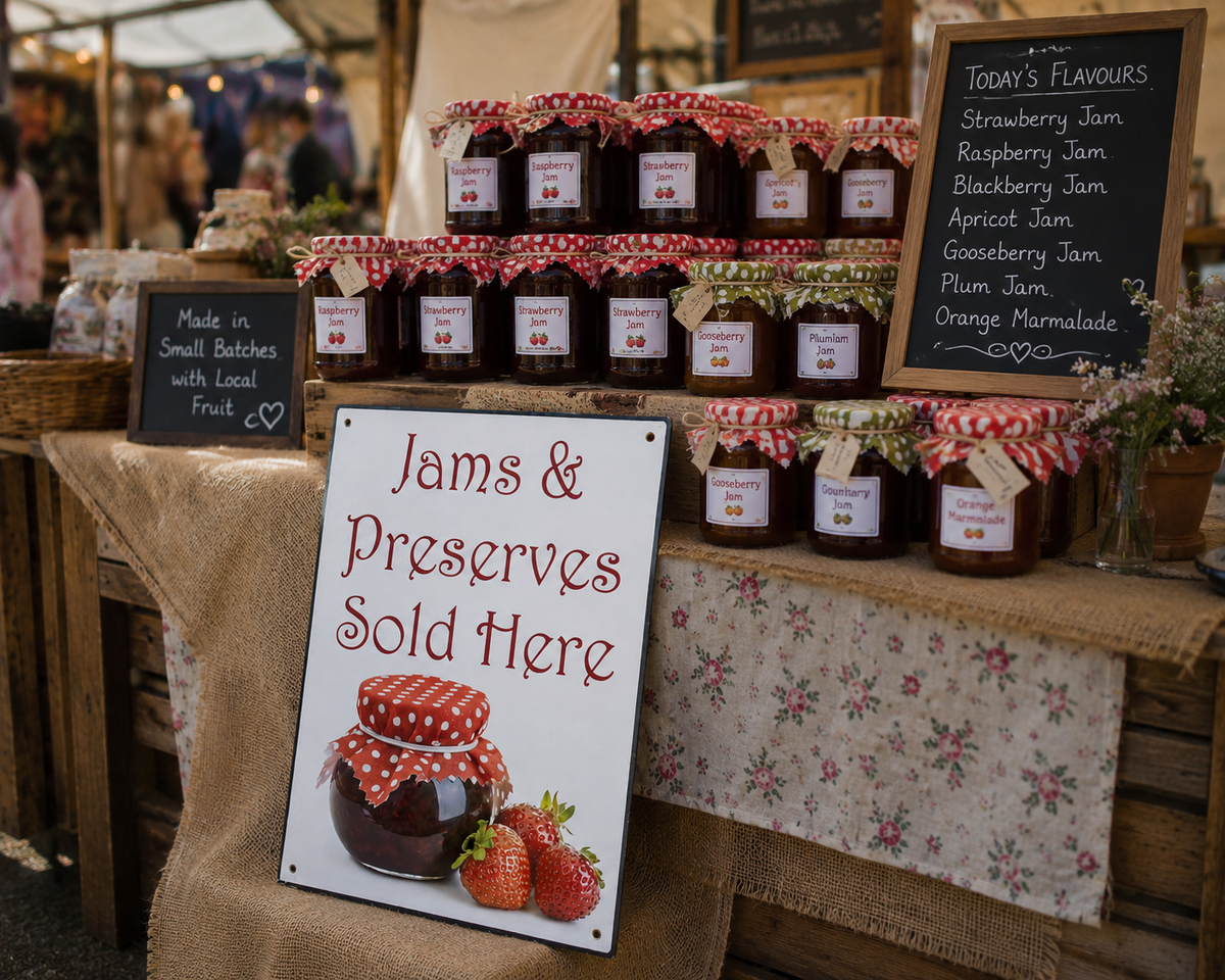 A market stall displaying multiple glass jars of fruit jams and preserves with red-and-white checkered lids, alongside chalkboard signs listing flavors and a sign that reads 'Jams & Preserves Sold Here'.