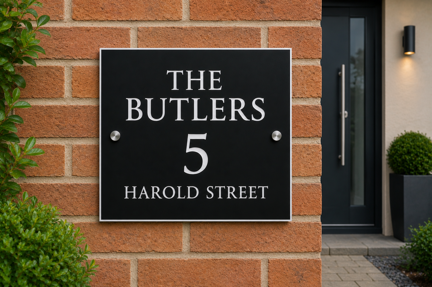 A black rectangular house plaque with silver lettering reading 'THE BUTLERS 5 HAROLD STREET' mounted on a red brick wall next to a dark front door.