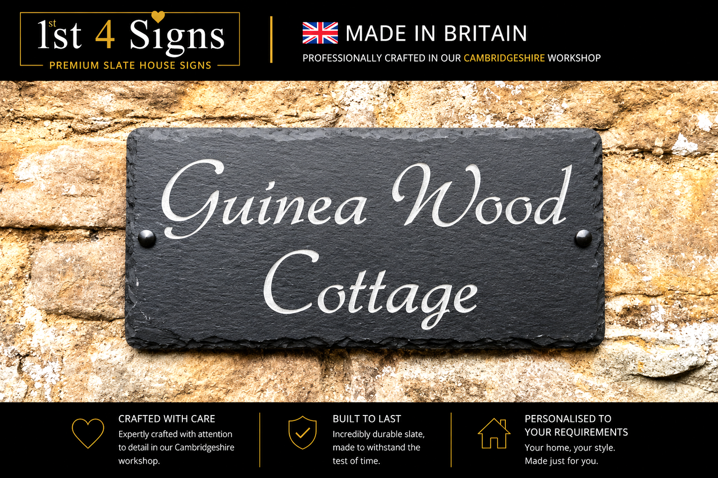 A rectangular slate house sign with the words 'Guinea Wood Cottage' in white script, mounted on a rustic stone wall. The top and bottom of the image feature promotional banners for '1st 4 Signs' highlighting that the sign is made in Britain and professionally crafted.