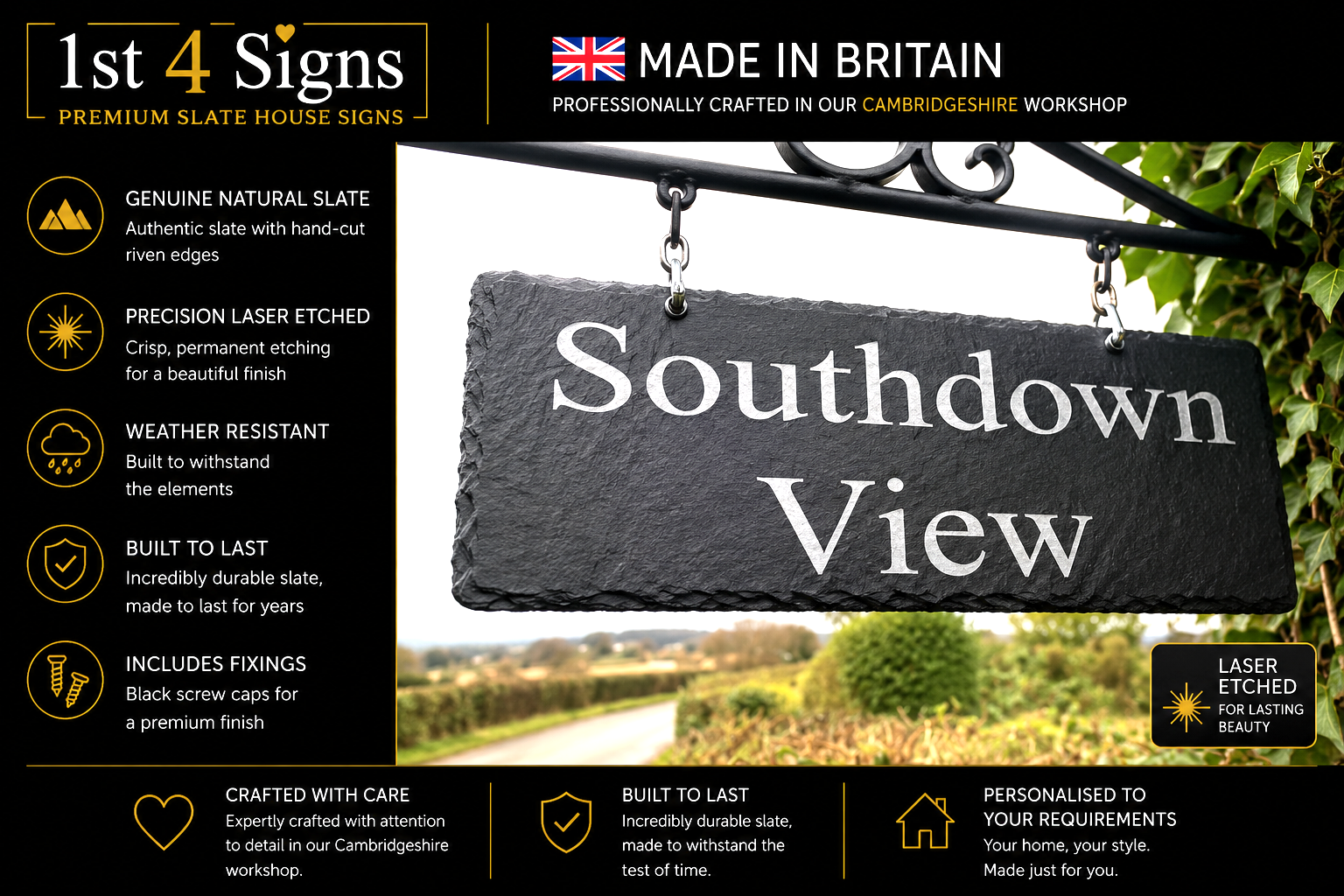 A slate house sign reading 'Southdown View' hanging from a black metal bracket, shown on a promotional graphic with text callouts about natural slate, laser etching, weather resistance, and included black screw caps. The design includes a UK flag and 'Made in Britain' badge, plus a small laser-etched badge.