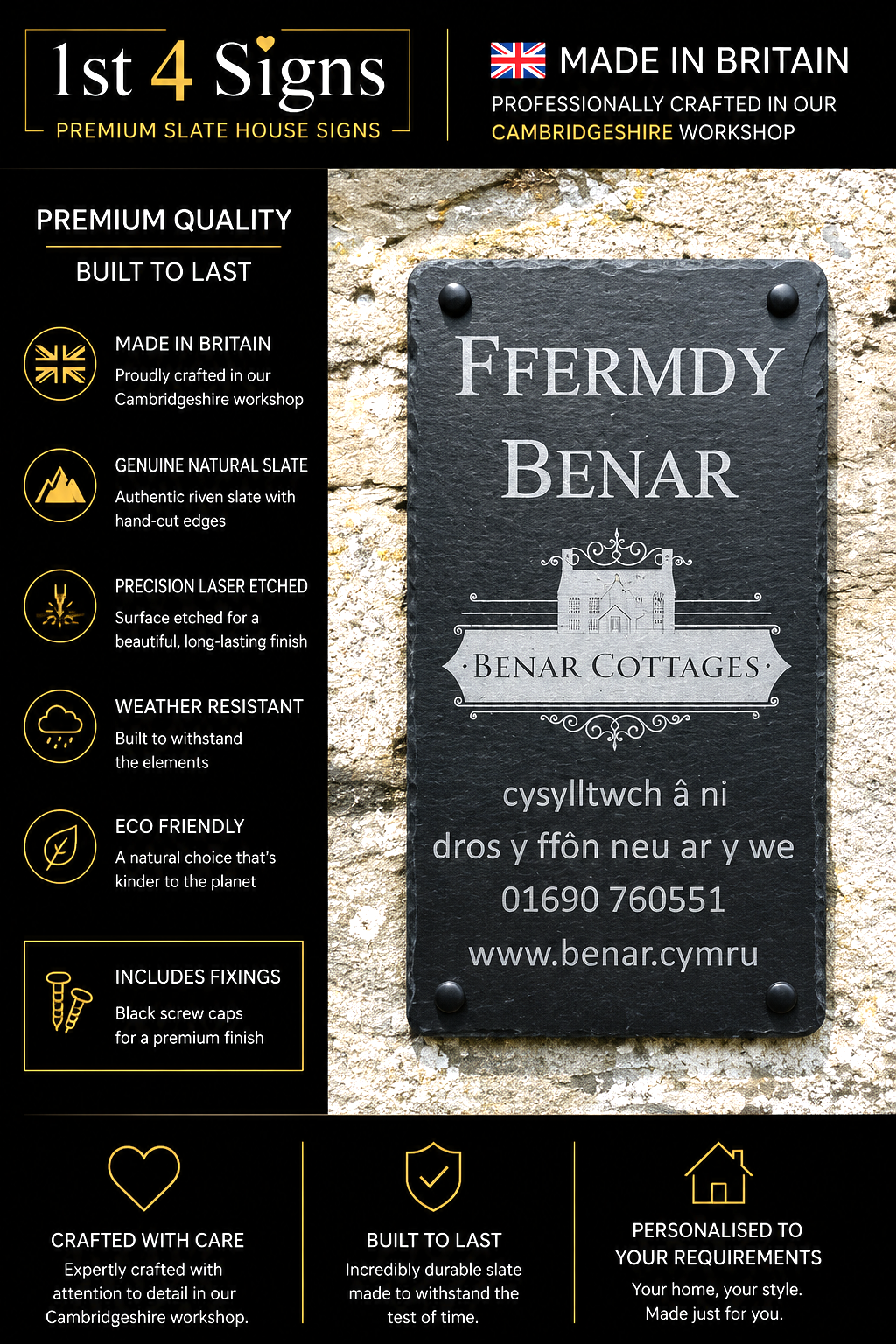 A personalized slate house sign for 'Ffermyd Benar' by 1st 4 Signs, mounted on a textured stone wall. The left side of the image features a black informational panel detailing the product's features, such as being made in Britain, laser etched, and weather-resistant.